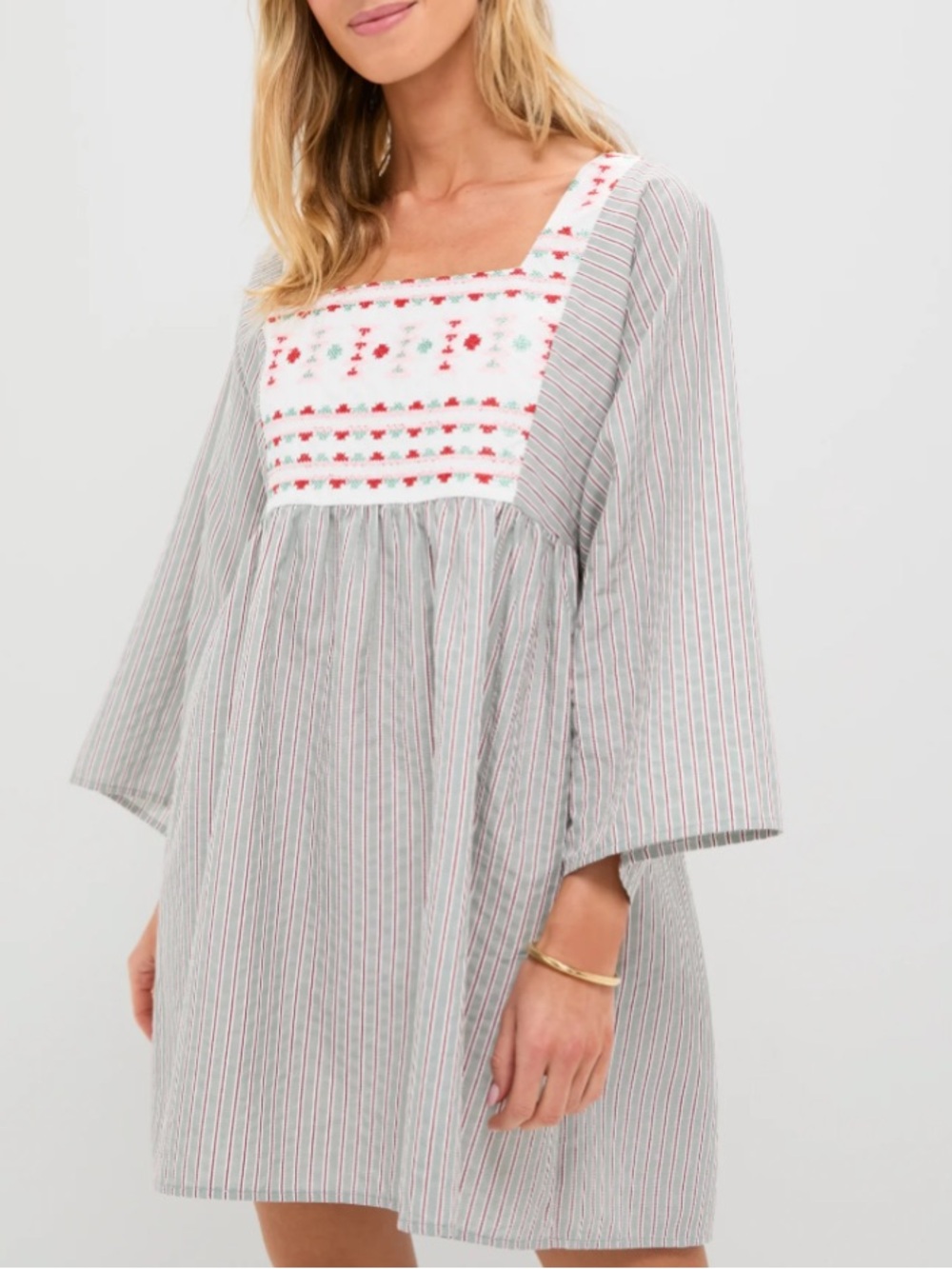 Tuckernuck Sage & White Embroidered Square-Yoke Mini Dress Size Large